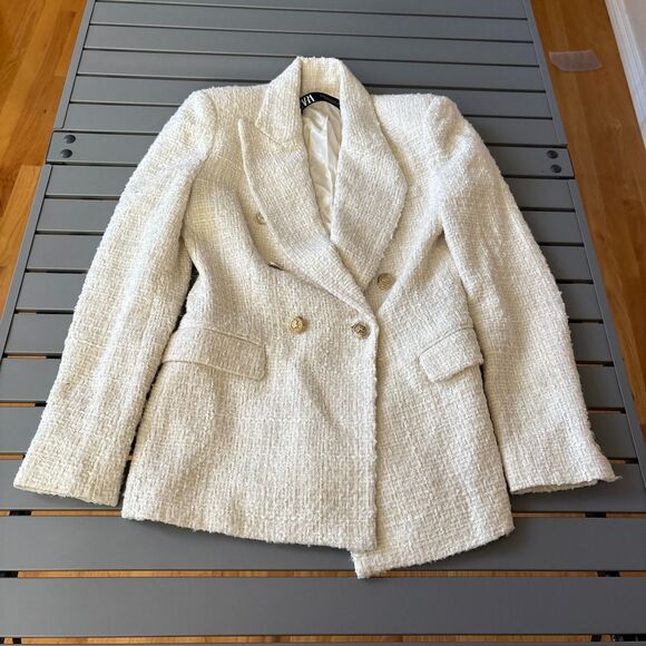 Zara Tweed Blazer Jacket Womens XS Ivory Long Sleeve Notch Lapel Double Breasted - Picture 2 of 9